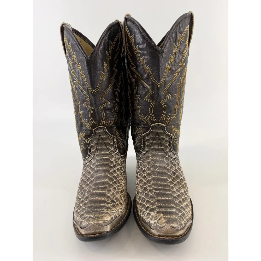 Laredo Kids Western Cowboy Boots Faux Snakeskin Brown Snip Toe Stitching 9 Inch